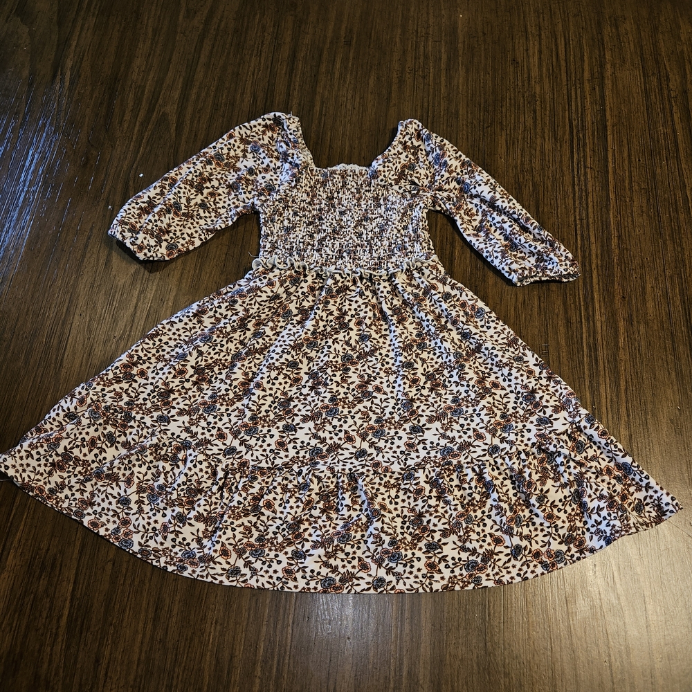 Charming Floral Kids Dress - Brown and White- Between- Girls Size 5